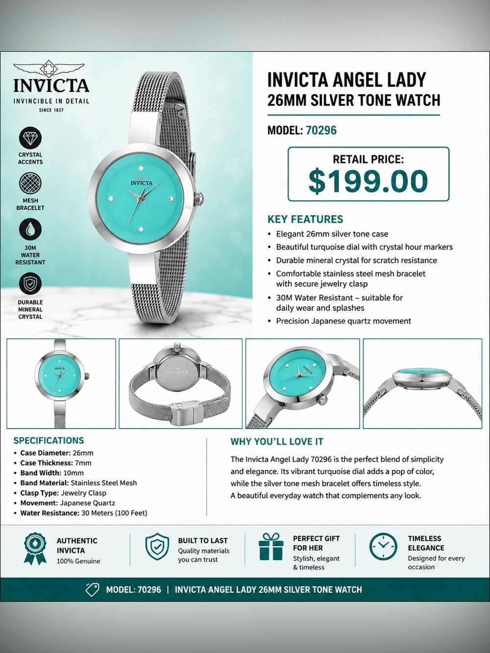 (NIB) Invicta Turquoise Dial Silver-Tone Mesh Bracelet Watch